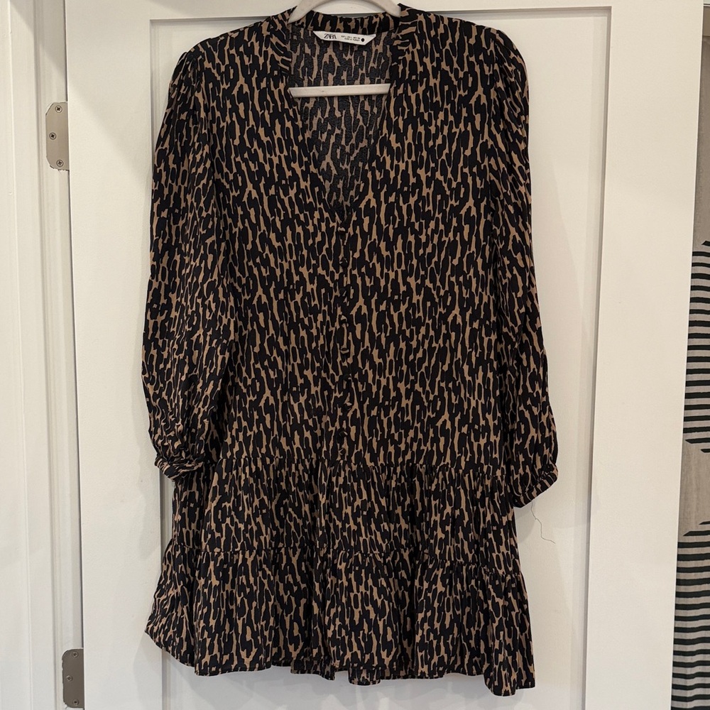 Zara Animal Print V-Neck Long Sleeve Mini Dress - Black & Tan